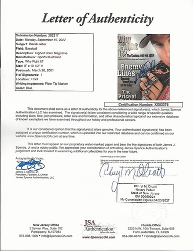 Derek Jeter Autograph Signed Yankees Sports Illustrated Magazine 3/26/2001 - JSA - Picture 3 of 3