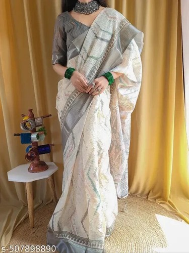 Women's New Printed Cotton Linen saree - Picture 4 of 10