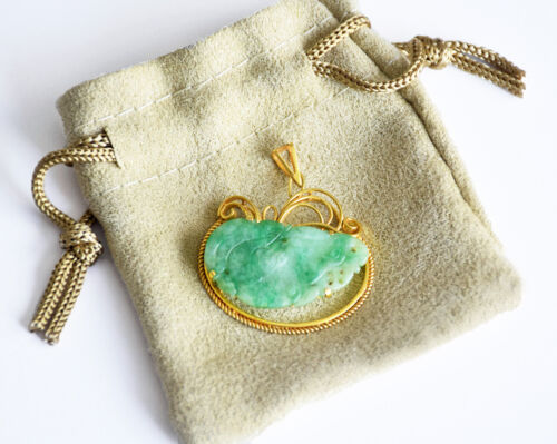14K Yellow Gold & Genuine Carved Apple Jadeite Jade Pendant, 100% Handcrafted! - Picture 3 of 3