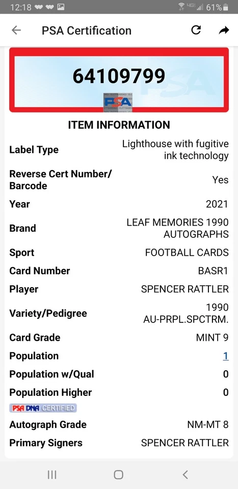 2021 Leaf Memories Spencer Rattler Autograph Purple Spectrum PSA 9 PSA/DNA POP 1 - Image 3 of 3