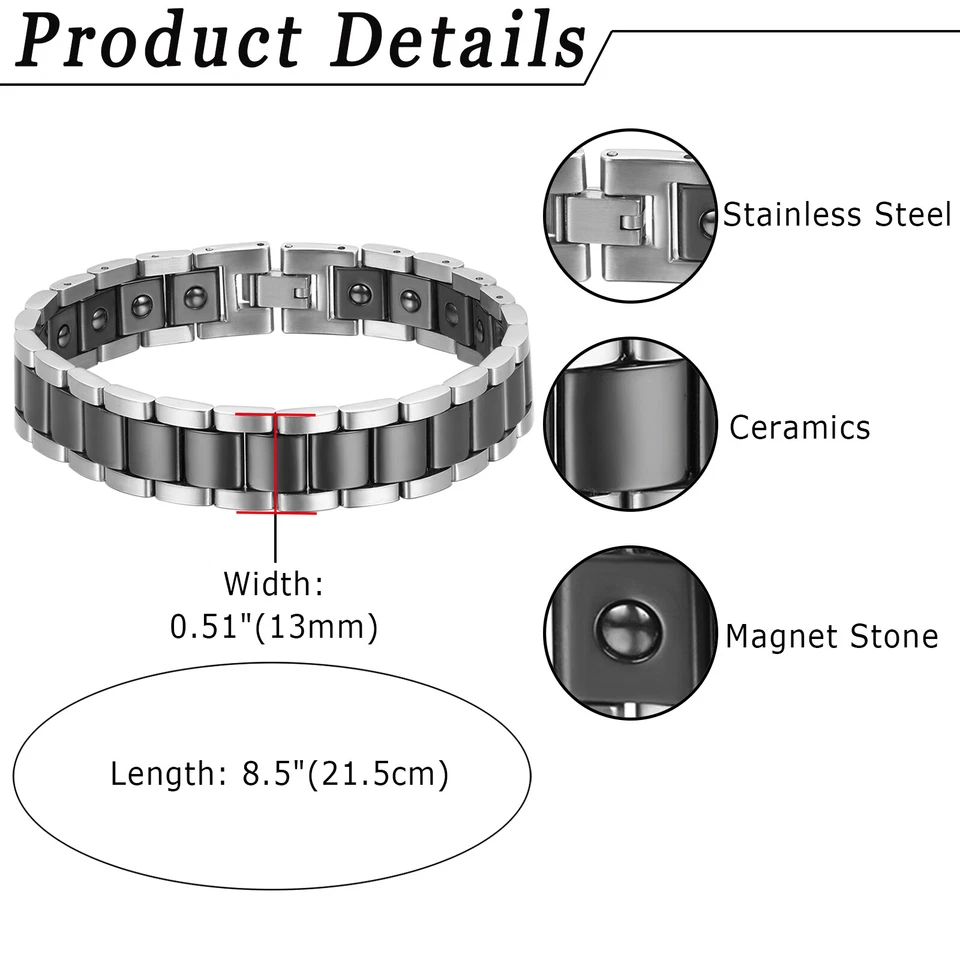 Pulsera magnética de terapia de energía de salud de acero inoxidable con eslabones de cerámica anchos para hombre Foto 2 de 4