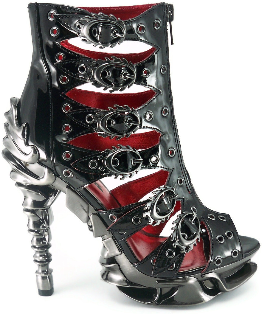 Hades CRIMSON Black Patent Ankle Boots Buckles Eyelets 5