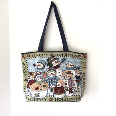 Happy Holidays Snowman Zippered Tote Bag Light Blue And Multicolor