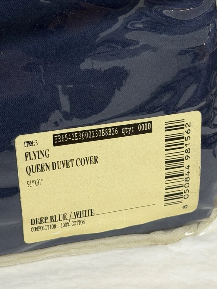 Funda nórdica Frette 1860 Flying Collection Queen azul profundo/blanco algodón satinado NUEVA Foto 3 de 4