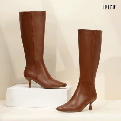 IDIFU Brown Boots for Women Knee High Square Toe Low Kitten Heel Tall Long... 