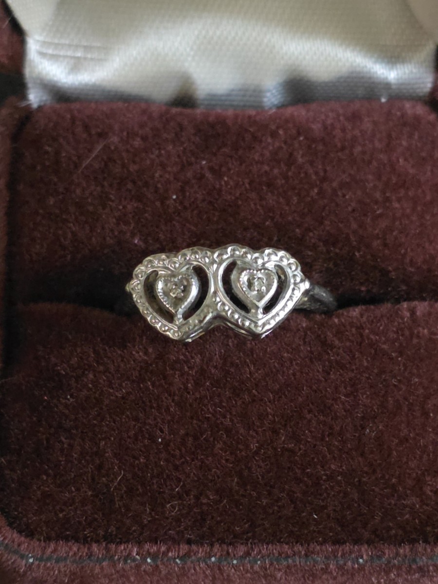 Diamond Double Heart MCM 1970's 10K White Gold Sweetheart Promise