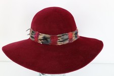 Vtg 50s Rockabilly Feather Band Wide Brim Felt Wool Velour Hat Red Womens 23" US