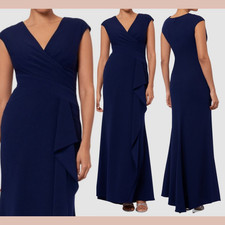 NWT Betsy  Adam  4  V-Neck Ruffle-Front Scuba Crepe Gown Navy Blue S2049