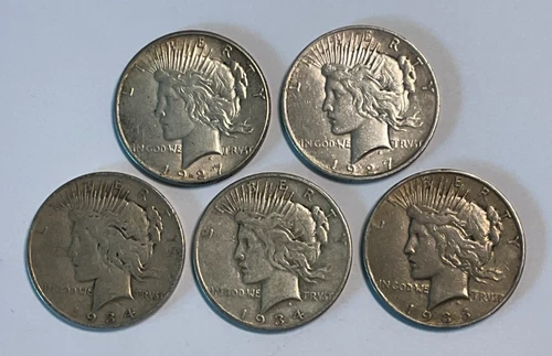 Lot of Five US $1 Silver Peace Dollars, 1927-P, 1927-S, 1934-D, 1934-S & 1935-S