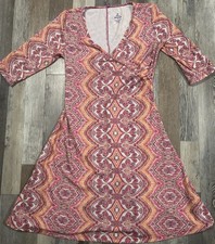 prAna Dress Womens Medium Pink Orange Paisley Wrap Surplice Boho Stretch Knit