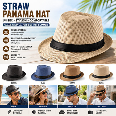 Unisex Straw Panama Hat Summer Beach Sun Short Brim Fedora Trilby Cuban Cap US