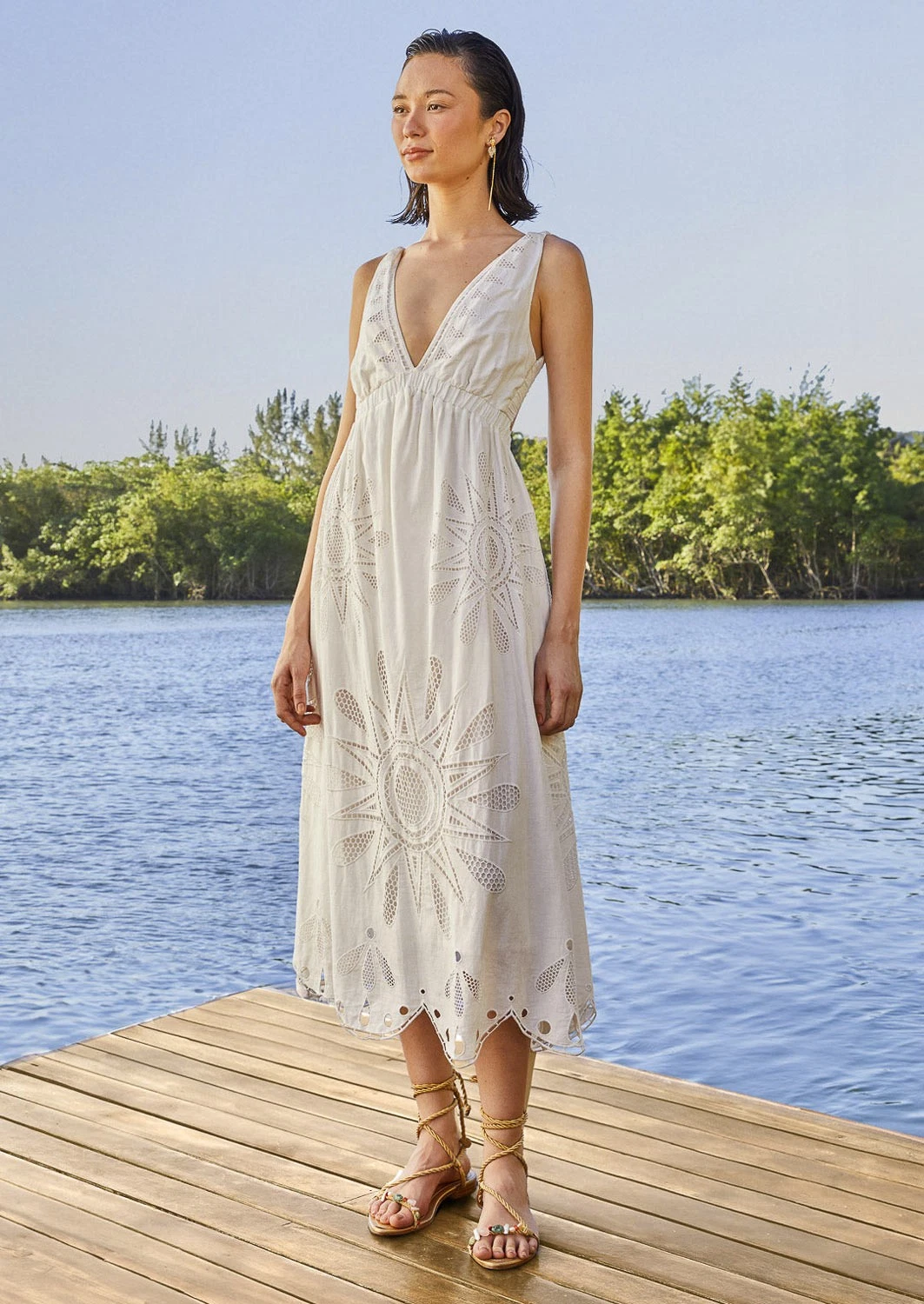 OFF WHITE Maxi abito donna Farm Rio Richelieu senza maniche piccolo bianco sporco nuovo con etichette $325