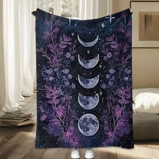 Celestial Witch Gothic Throw Blanket - Dark Moon Phases Soft Fleece Blanket