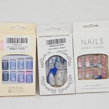 3 BOXES NATURAL PRESS ON NAILS PINK HEARTS, BLUE CHRISTMAS GLITTER NIB 72 TOTAL