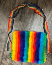 fuzzy rainbow side purse tote fun bag accessory Dress up Adjustable Length Zip