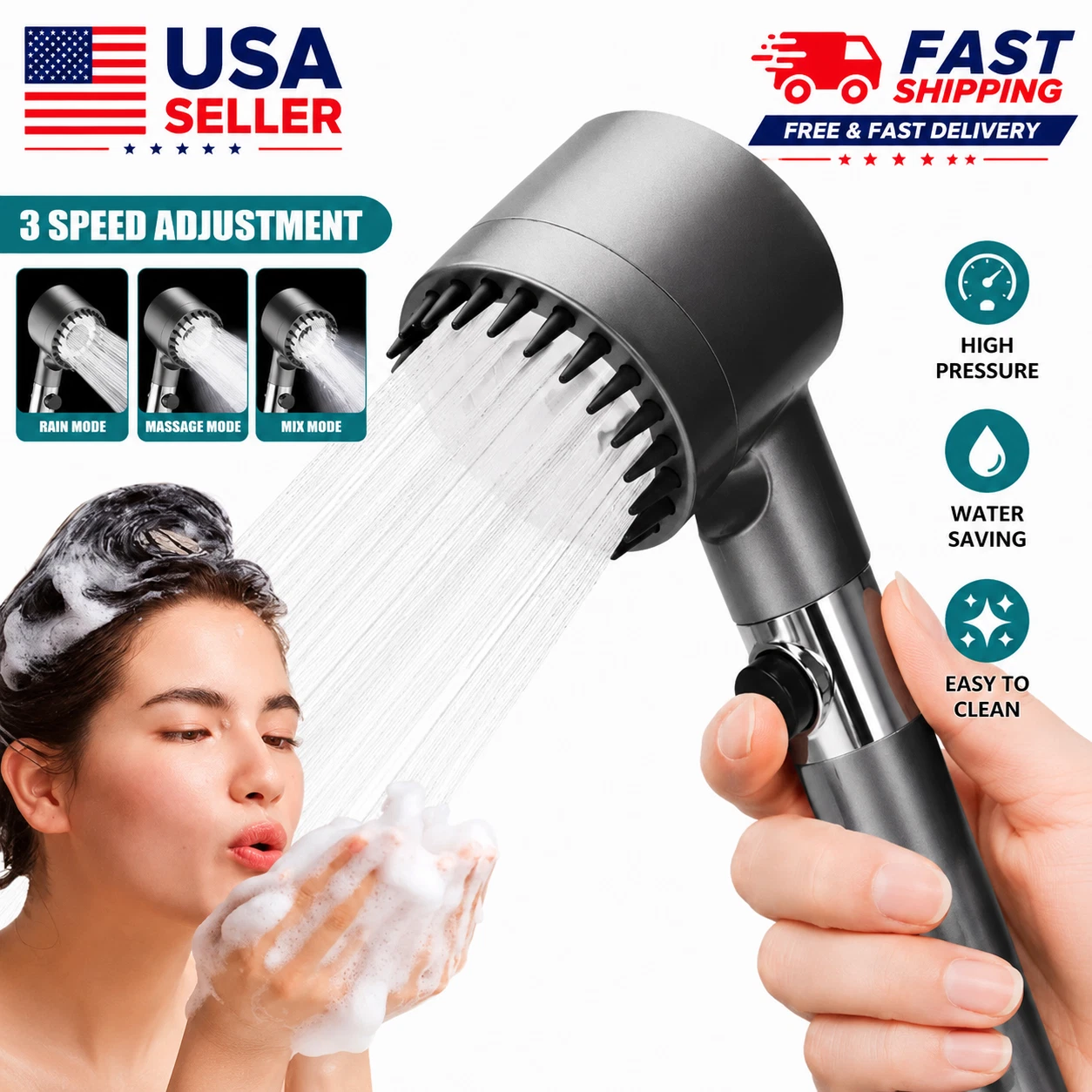 High Pressure Shower Head 3.Modes Adjustable Water Saving Bathroom Handheld New
Opens in a new windo