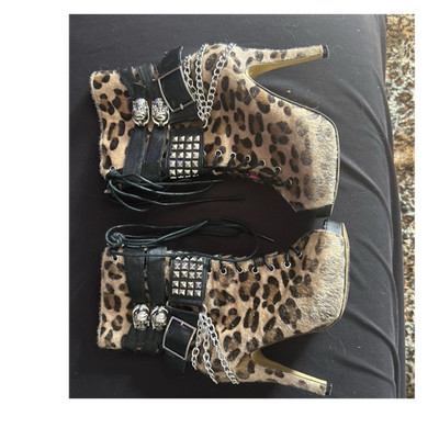 Leopard Animal Print Studded Buckle Chain Lace-Up Ankle Bootie Open Toe 