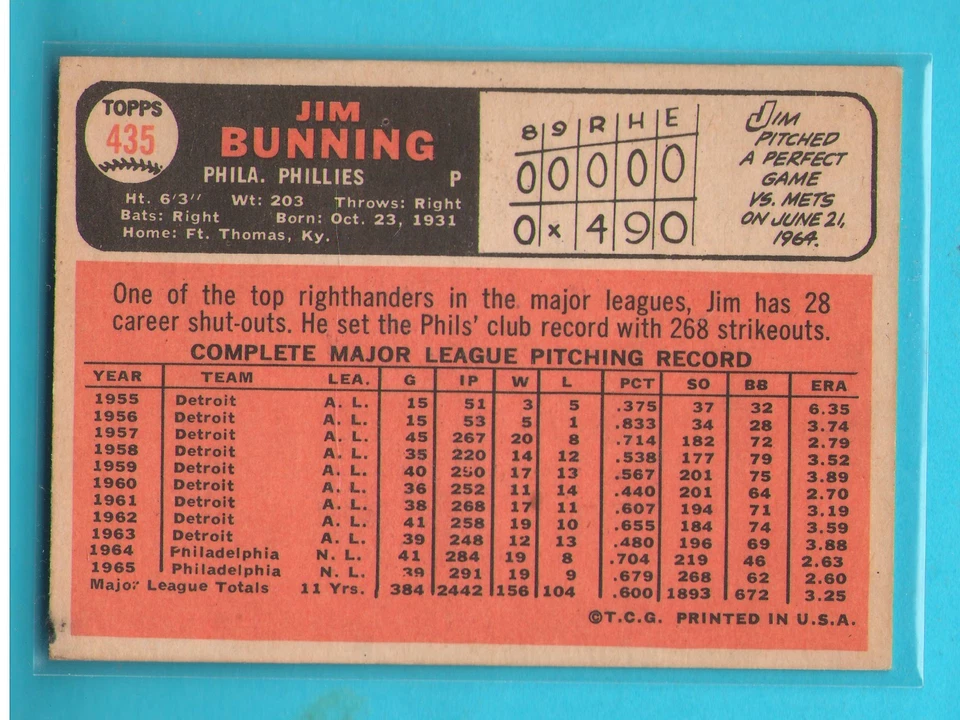 Jim Bunning Philadelphia Phillies 1966 Topps #435, sin pliegues Foto 2 de 2