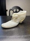 Uranium Milk Glass Shoe Figurine | Glows Under UV | Vintage Bow Vanity Decor