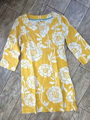 Boden 100% Linen Yellow White Floral V-Neck 3/4 Sleeve Knee Dress 2 petite 2p