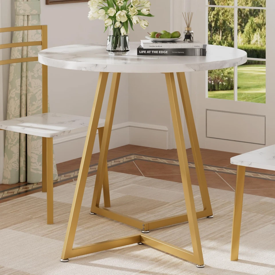 Round Dining Room Table with Wood Grain Tabletop and Steel Frame, for Kitchen... - Image 3 of 4