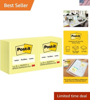 Eye-Catching 3x3 Canary Yellow Sticky Notes - 12 Pads of Clean-Removal Reminders