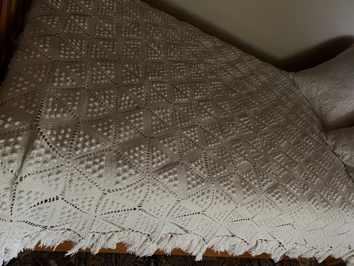 Vintage Pair Handmade Crochet Cotton Bedspreads Hexagon Pattern Fringe ...