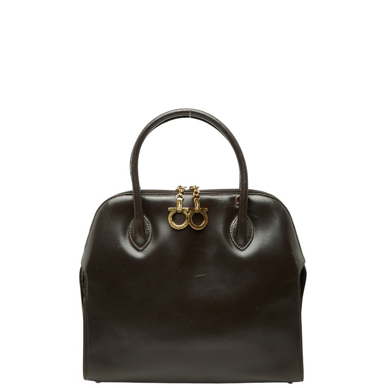 Salvatore Ferragamo Hand Bag Tote Purse Gancini Leather Brown Authentic