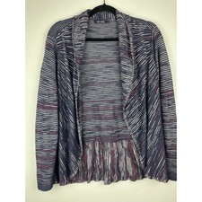 NIC ZOE Linen Blend Striped Open Front Cardigan Sweater Drape Peplum Blue L NWT