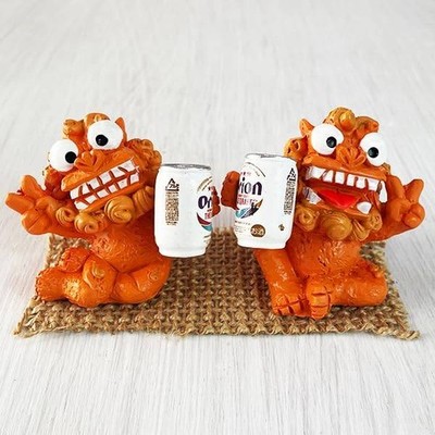 Okinawa Shisa Statue with Orion Beer Can, Mini Decor, Japan Souvenir