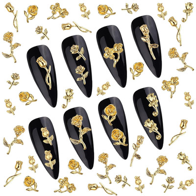 120 PCS 3D Gold Rose Nail Art Charms Romantic Flowers Nails Decorations Alloy Na