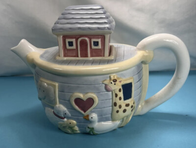 Noah's Ark Ceramic Teapot by Susan Winget Blue White Giraffe Goose Sheep