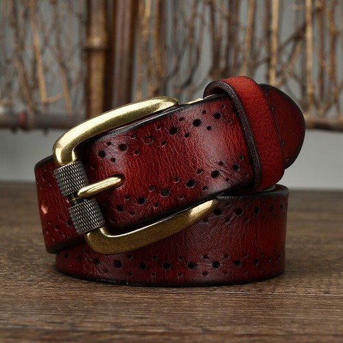 Men Hollow Leather Belt Solid Brass Buckle Waistband for Pants Jeans Trousers - Picture 13 of 16