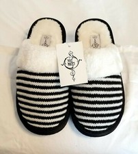 NEW SOLE MATES BlLACK WHITE Stripe FUR SLIP ON SCUFF SLIPPERS Womens SZ S 6 - 7