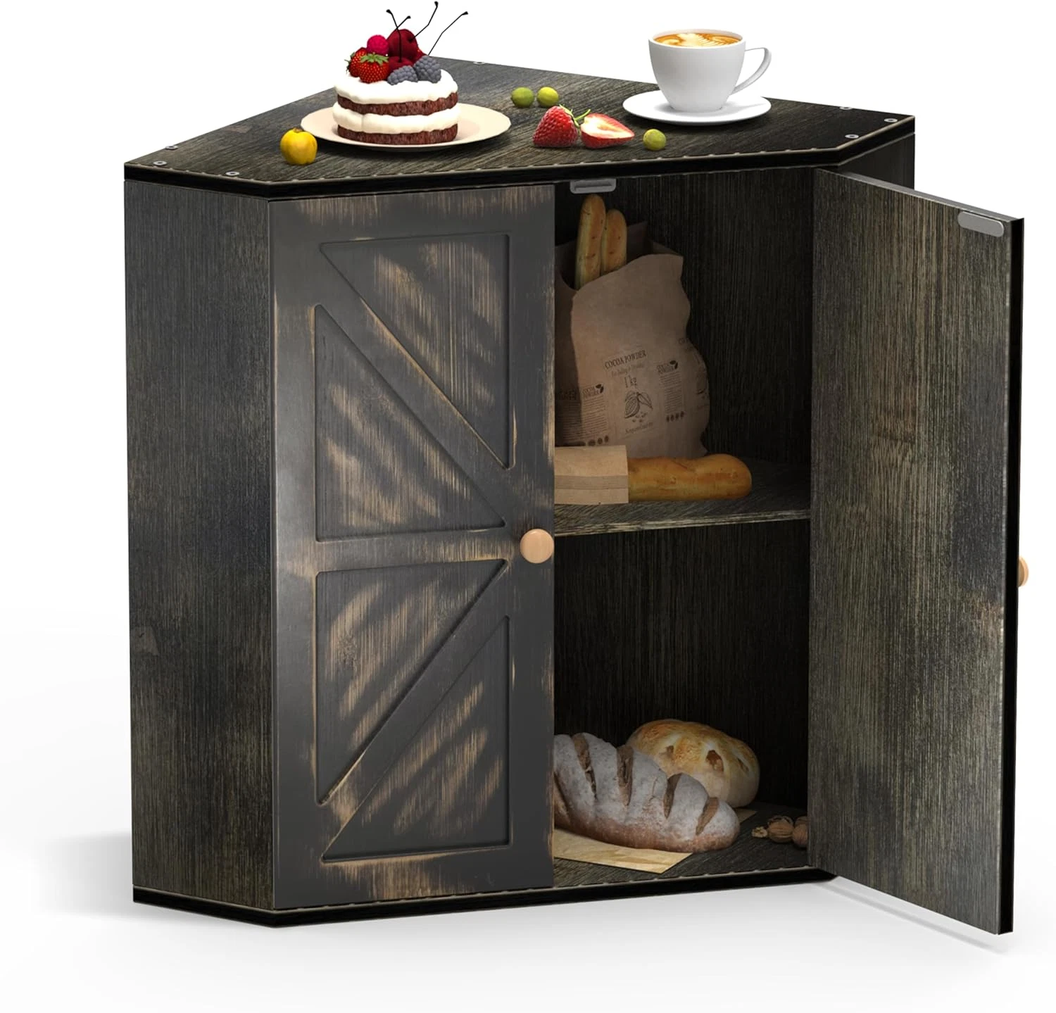 Antique Black Bamboo Double Layer Corner Bread Box - Large Kitchen Organizer