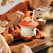 Starbucks China Autumn Lazy Bunny Mushroom Shape 12oz Ceramic Straw Cup Gift