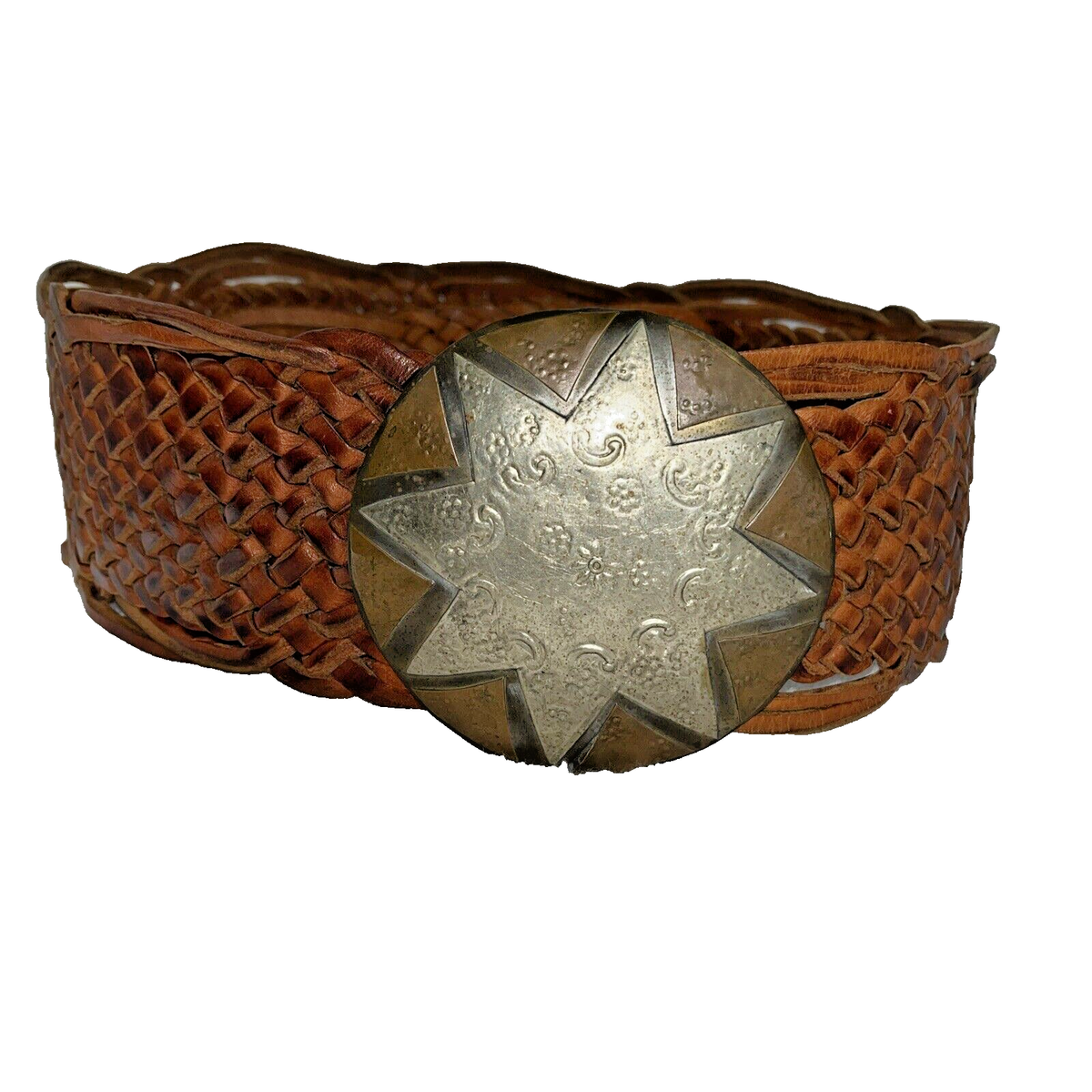 Belt Brown Braided Leather Made in Morrocco Stamp Metal Sun  display picture 1