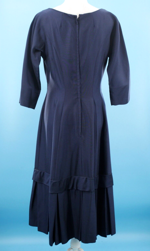 VTG Women's 50s Navy Wool Princess Cut Maxi Dress W/ Pleated Skirt Sz M 1950s - Picture 5 of 17
