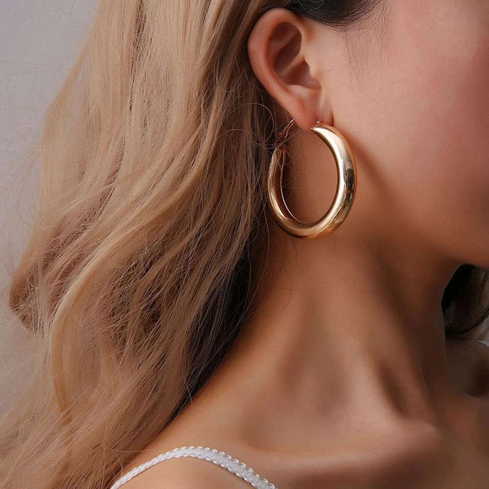 Punk Rock Minimalist 50mm Thick Tube Big Gold Alloy Round Circle