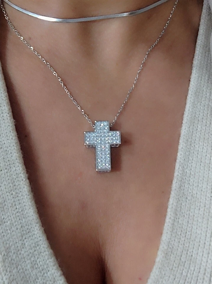 Collana donna con croce steel pave' zirconi bianchi brillante +confezione regalo - Immagine 3 di 4
