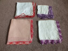 Collectible Ladies Hanky Set 4 White Pink Tatted Crocheted Trim Purple Red NICE