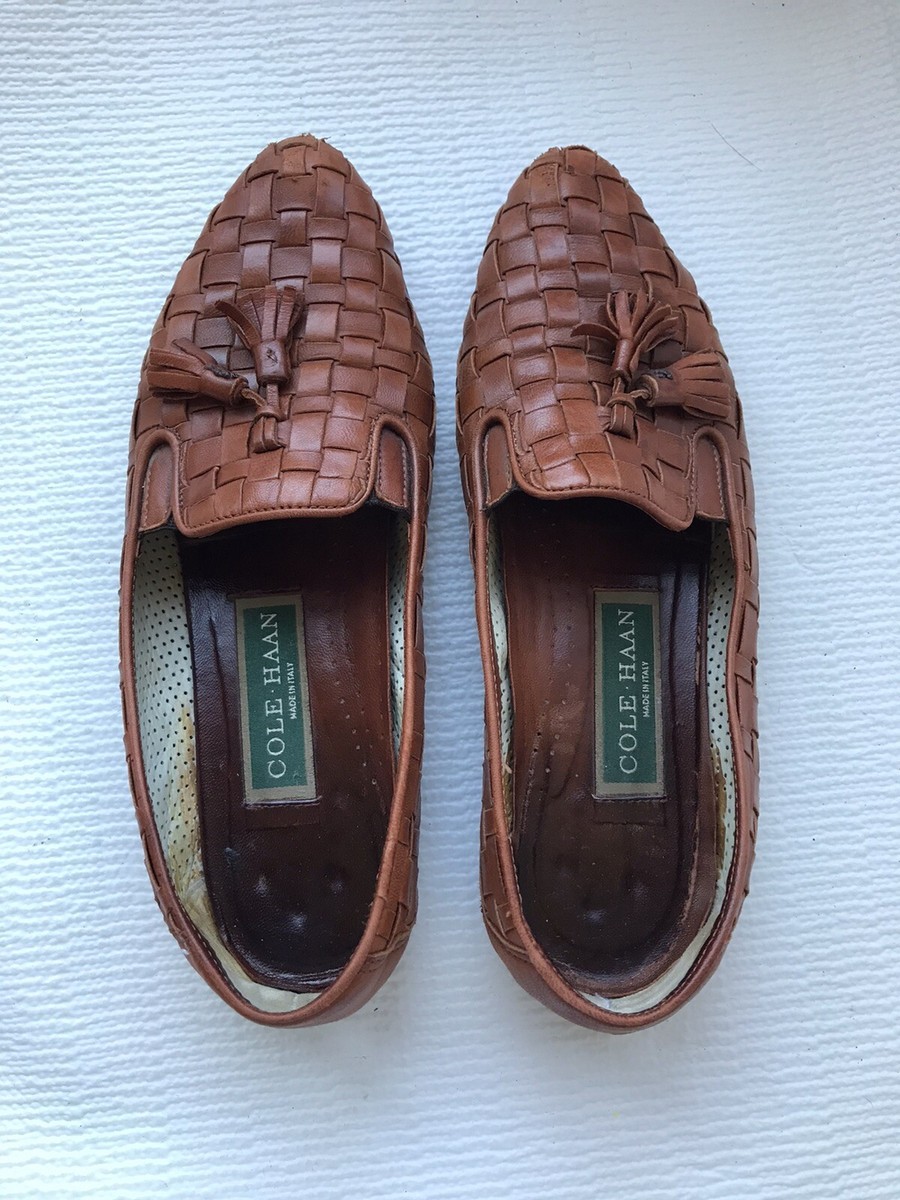 Vintage Womens Cole Haan Kidskin Woven Leather Tassel Loafers Sz