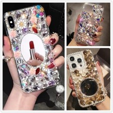 Women Glitter Mirror Flower Bling Diamond Shockproof Wrist Soft Back Phone Case