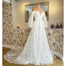 Elegant Wedding Dresses Long Puff Sleeves Lace Applique V Neck Birdal Gowns