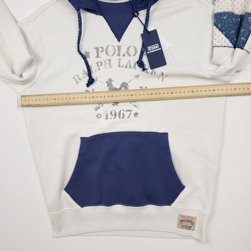 Polo Country Ralph Lauren Hoodie Small Men Patchwork Country Pullover White Navy - Picture 8 of 13