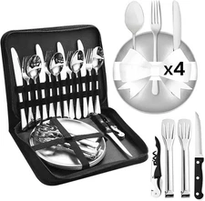 Camping Dishes Set, Camping Plates and Utensils & Organizer Camping Dinnerware