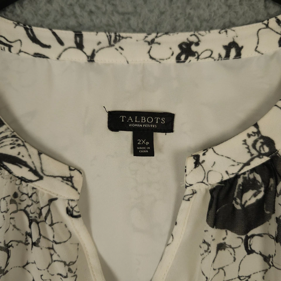 Talbots Shirt Women 2XP Black White Floral Bell Ruffle Sleeve Sheer Lined Blouse - Image 3 of 4