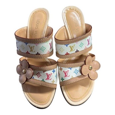 Louis Vuitton Monogram Multicolor Mule Sandals Flower Open Toe White BeigeA2090