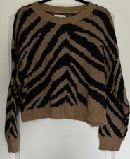 Y2K American Eagle Sweater Cropped Tan Tiger Animal Print Soft Wool Blend Sz M