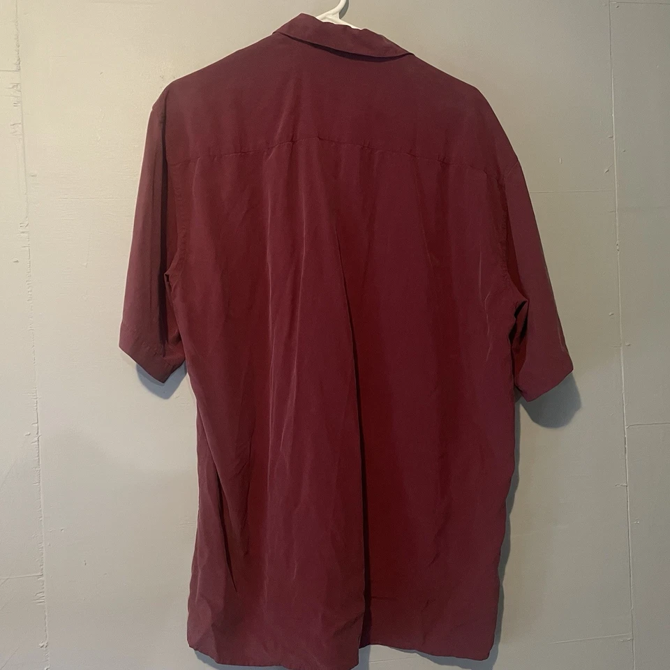 Bibas Birmania vintage para hombre granate seda abotonada manga corta con bolsillos talla L Foto 3 de 4